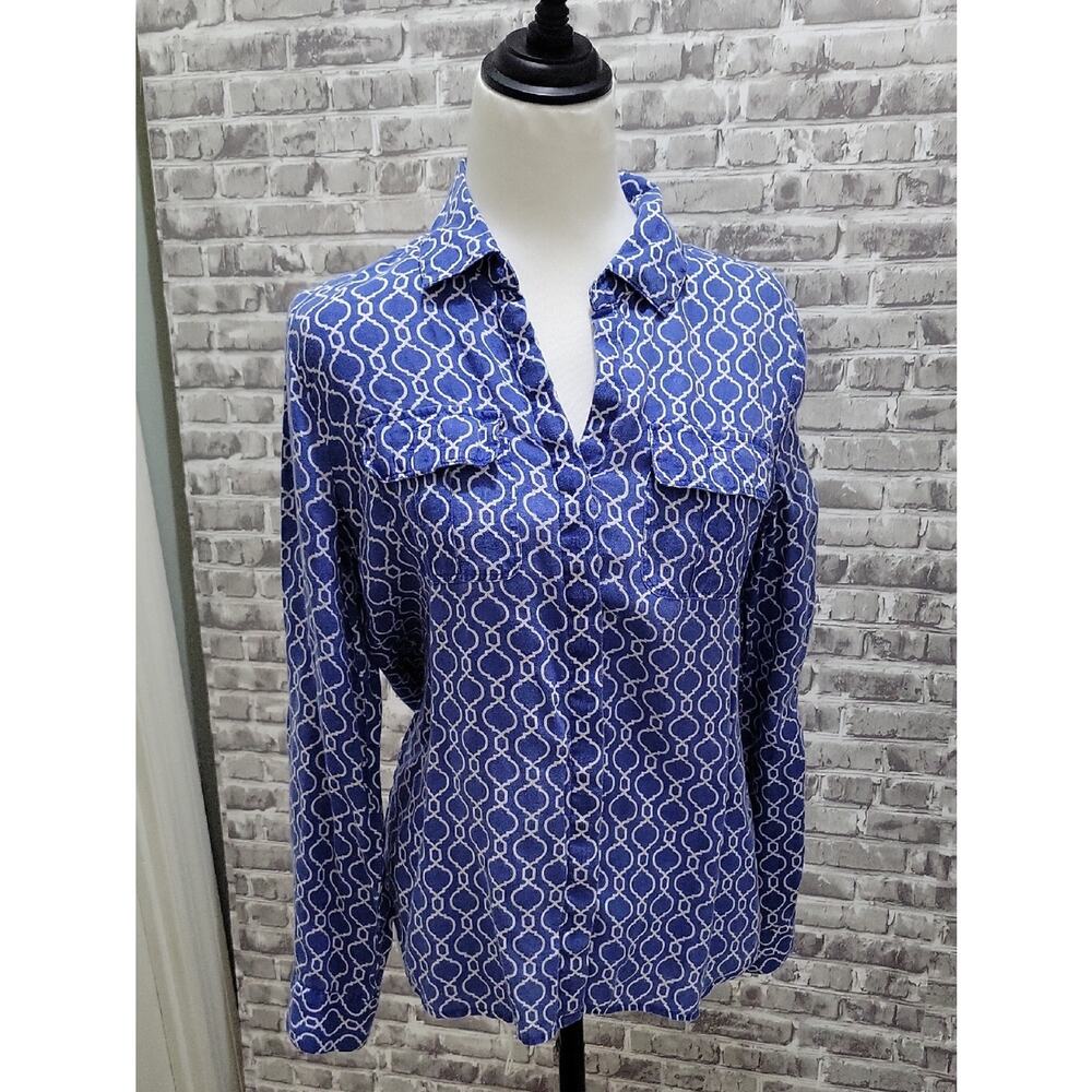 Charter Club Linen Blue And White Geometric Button-up Shirt Womens Sz S, Preppy